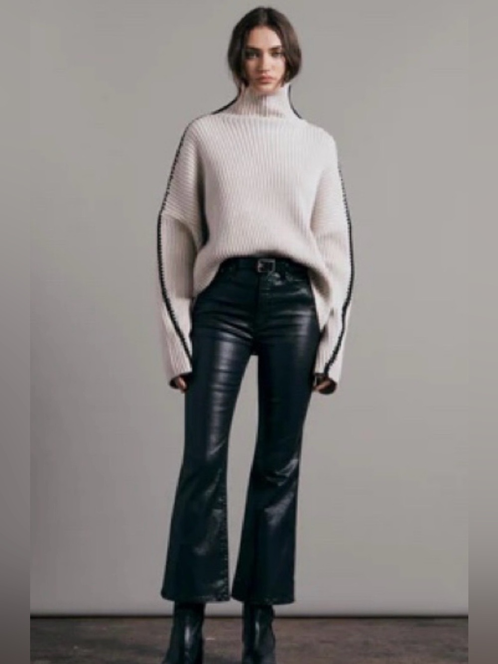 RAG & BONE Ingrid Cream Ribbed Turtleneck Sweater with Black Trim